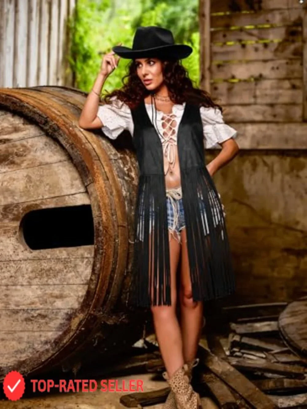 Faux Suede Fringe Vest with Cowgirl Hat 70s Hippie Western